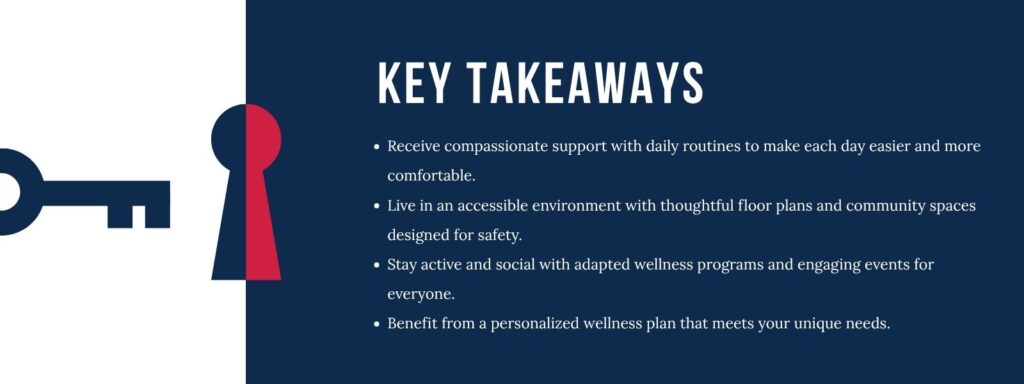 Infographic that says Key Takeaways
Receive compassionate support with daily routines to make each day easier and more comfortable.
Live in an accessible environment with thoughtful floor plans and community spaces designed for safety.
Stay active and social with adapted wellness programs and engaging events for everyone.
Benefit from a personalized wellness plan that meets your unique needs.