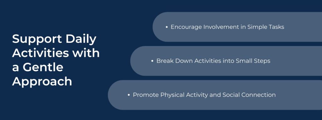 infographic that says 'Support Daily Activities with a Gentle Approach, Encourage Involvement in Simple Tasks, Break Down Activities into Small Steps, Promote Physical Activity and Social Connection'