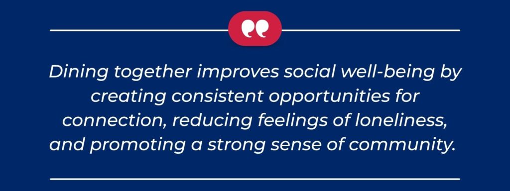 infographic that says 'Dining together improves social well-being by creating consistent opportunities for connection, reducing feelings of loneliness, and promoting a strong sense of community.'