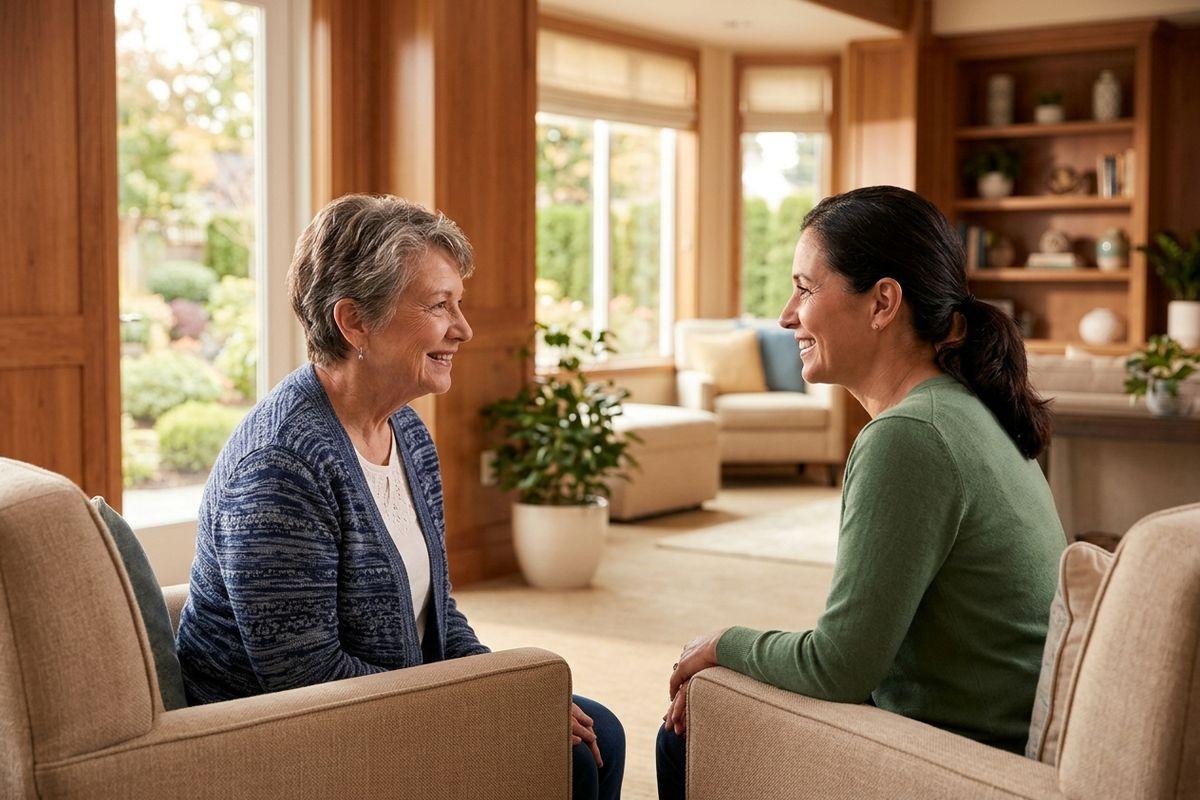 A senior and their family member sit together as they discuss what to ask during an upcoming senior living tour.