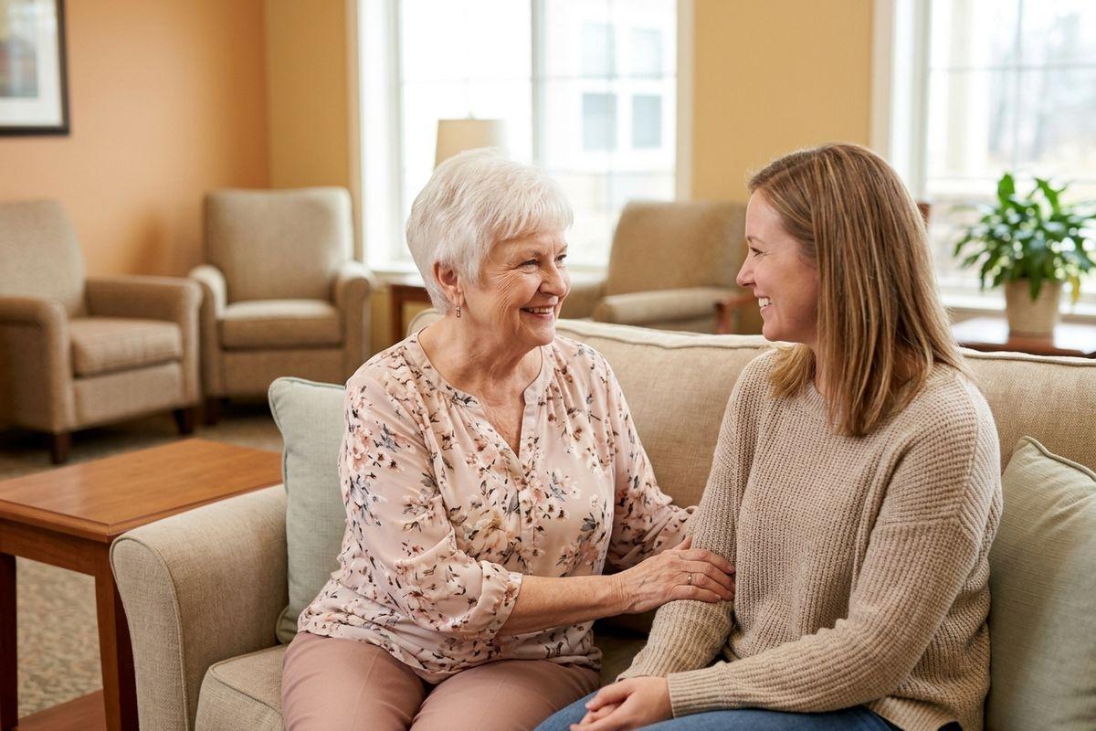 An older adult and their family member smile as they enjoy a quiet moment together during a visit to a senior living community.