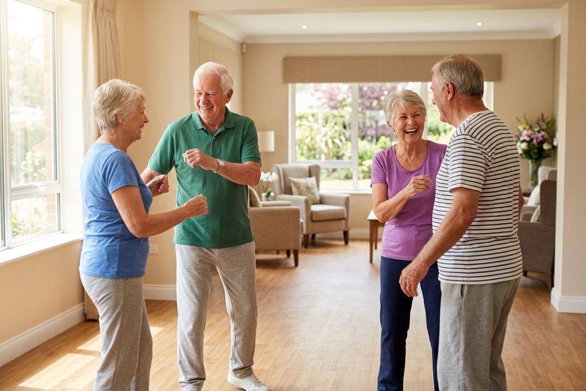 A group of older adults dance and move to music in a light-impact exercise program at their senior living community.
