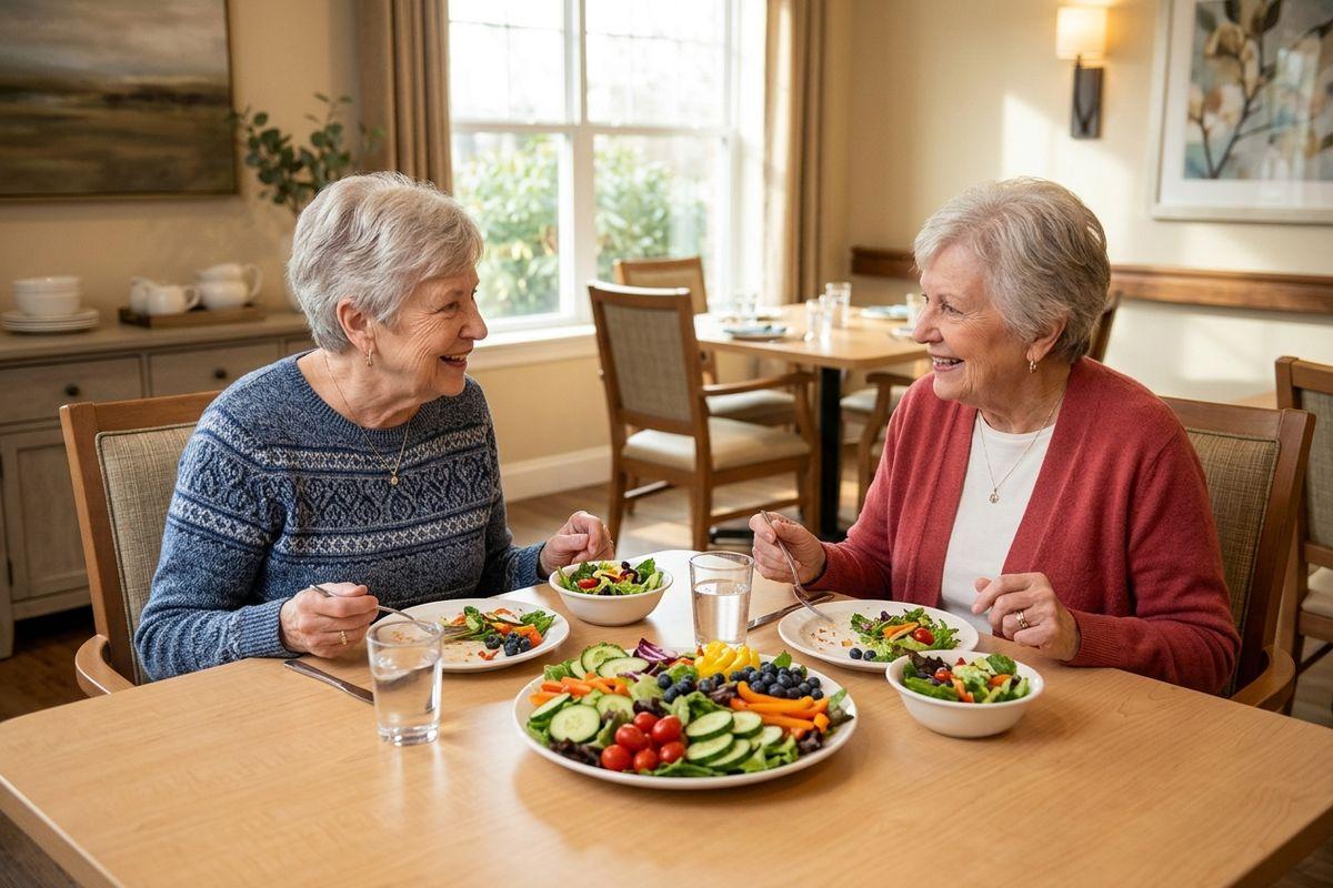 A pair of older adults share a meal with colorful, full plates, set in a warm, bright senior living dining room.