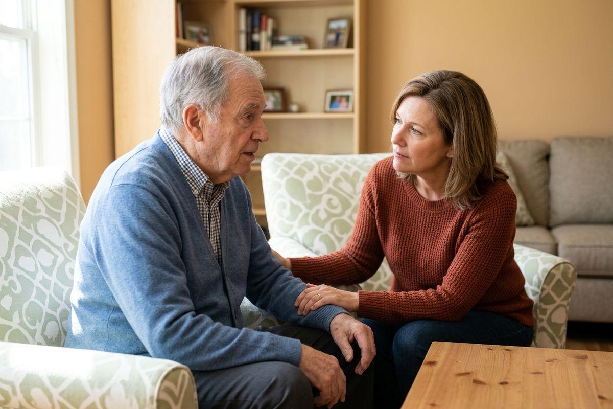 An adult looks worriedly at their parent, who has recently been diagnosed with Alzheimer's.