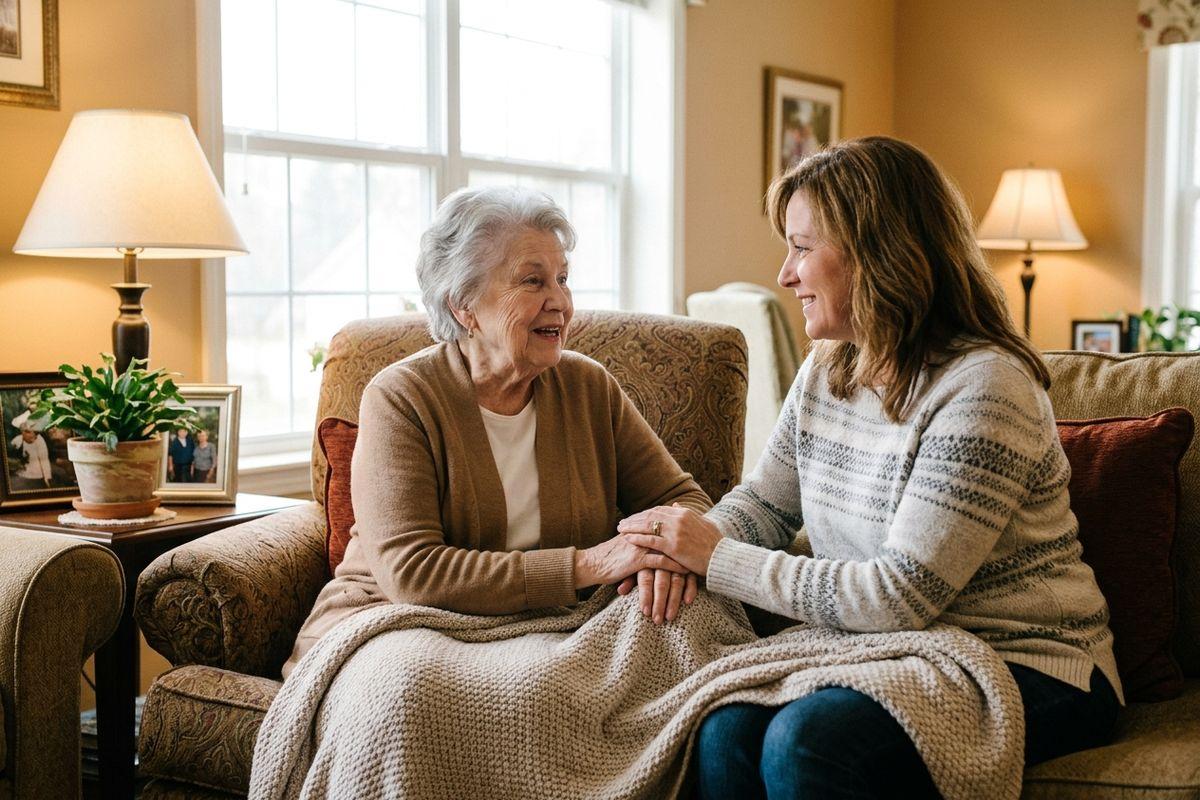 An adult talks with their parent about the cost of assisted living.