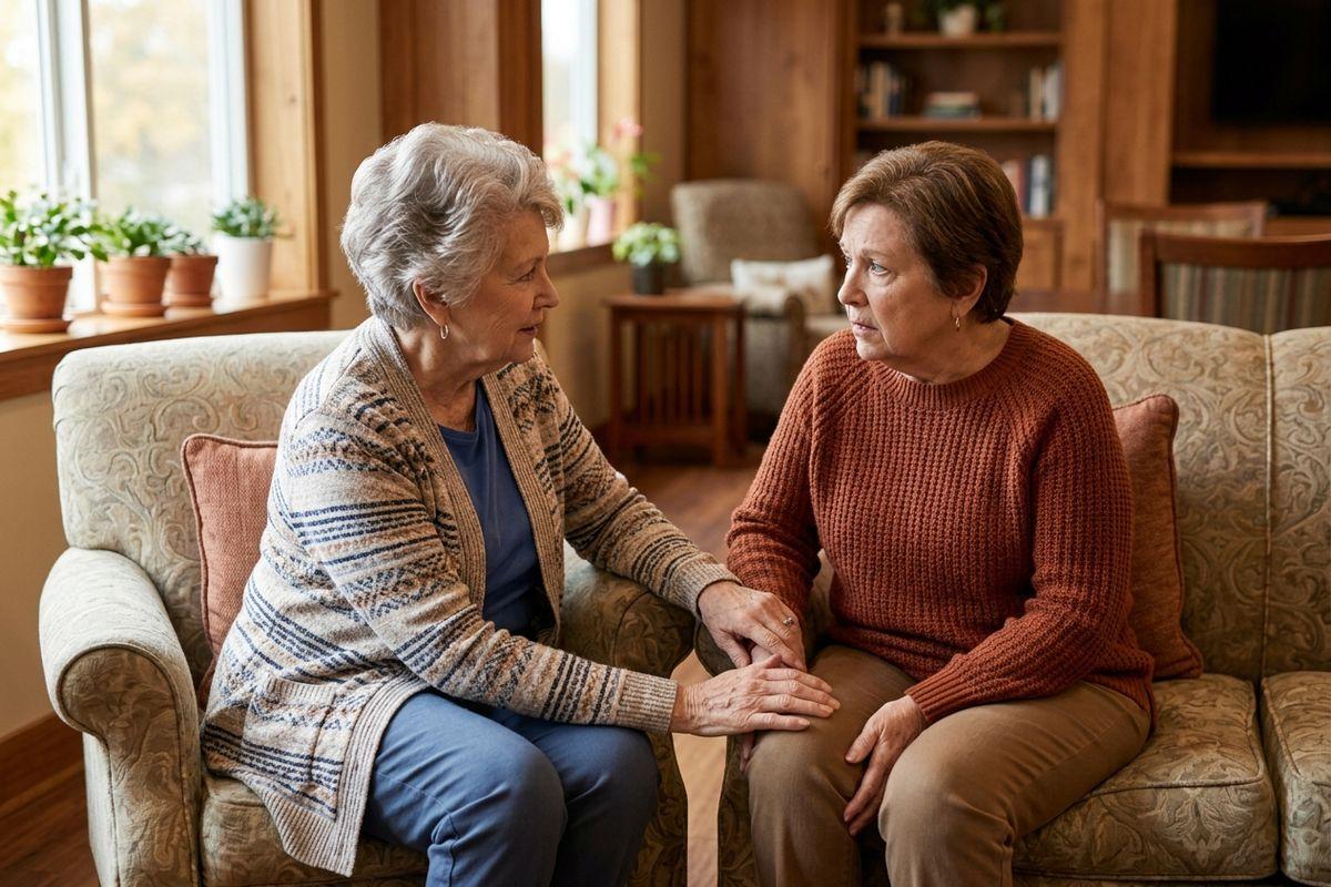 An older adult speaks to their friend about their concerns of noticeable memory changes.