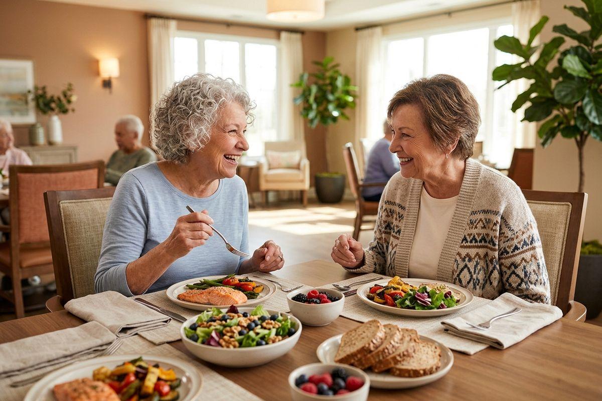 A pair of seniors smiles as they enjoy a vibrant break with brain-healthy foods like salmon, berries, and avocado.