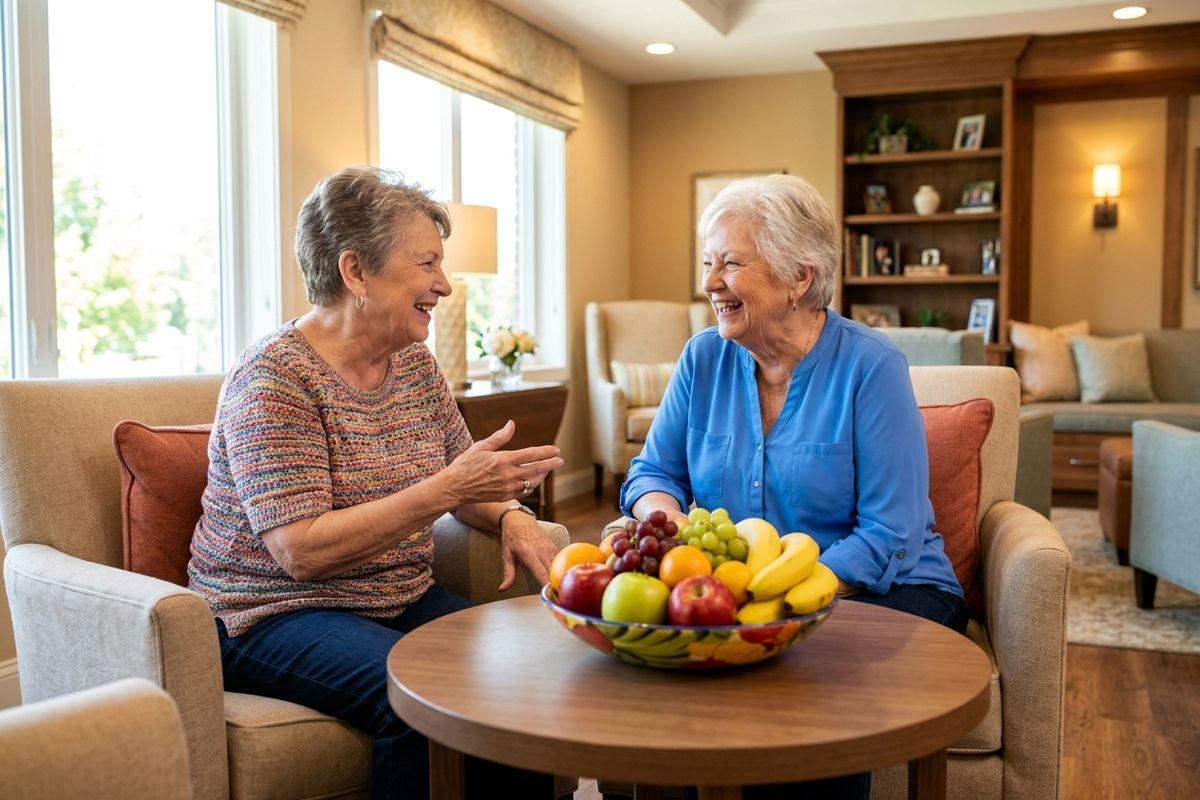 Two friends laugh together while sitting in a comfortable senior living common area.