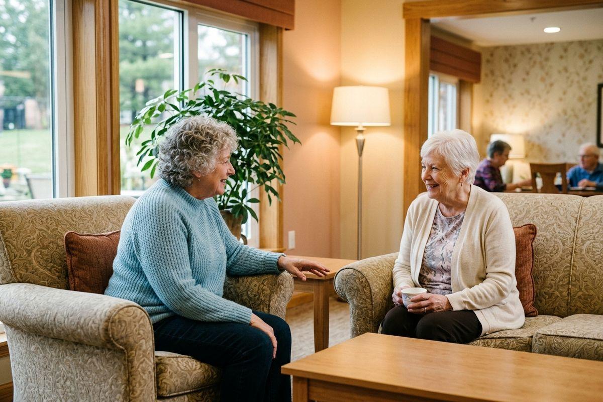 Two older adults sit in comfortable chairs while discussing their lives in assisted living.