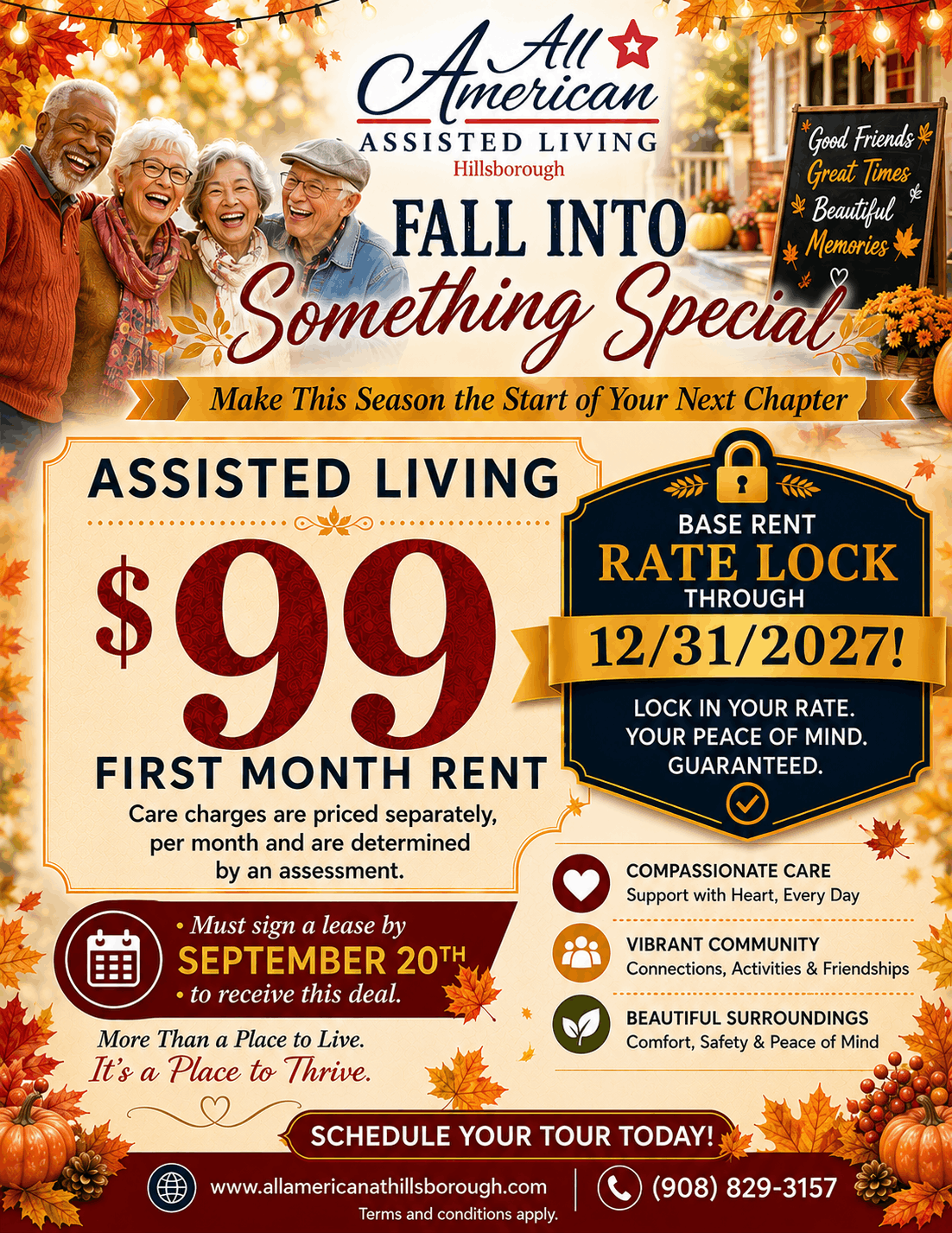 Autumn-themed assisted-living flyer with smiling seniors and bold text: Fall Into Something Special and $99 First Month Rent offer.