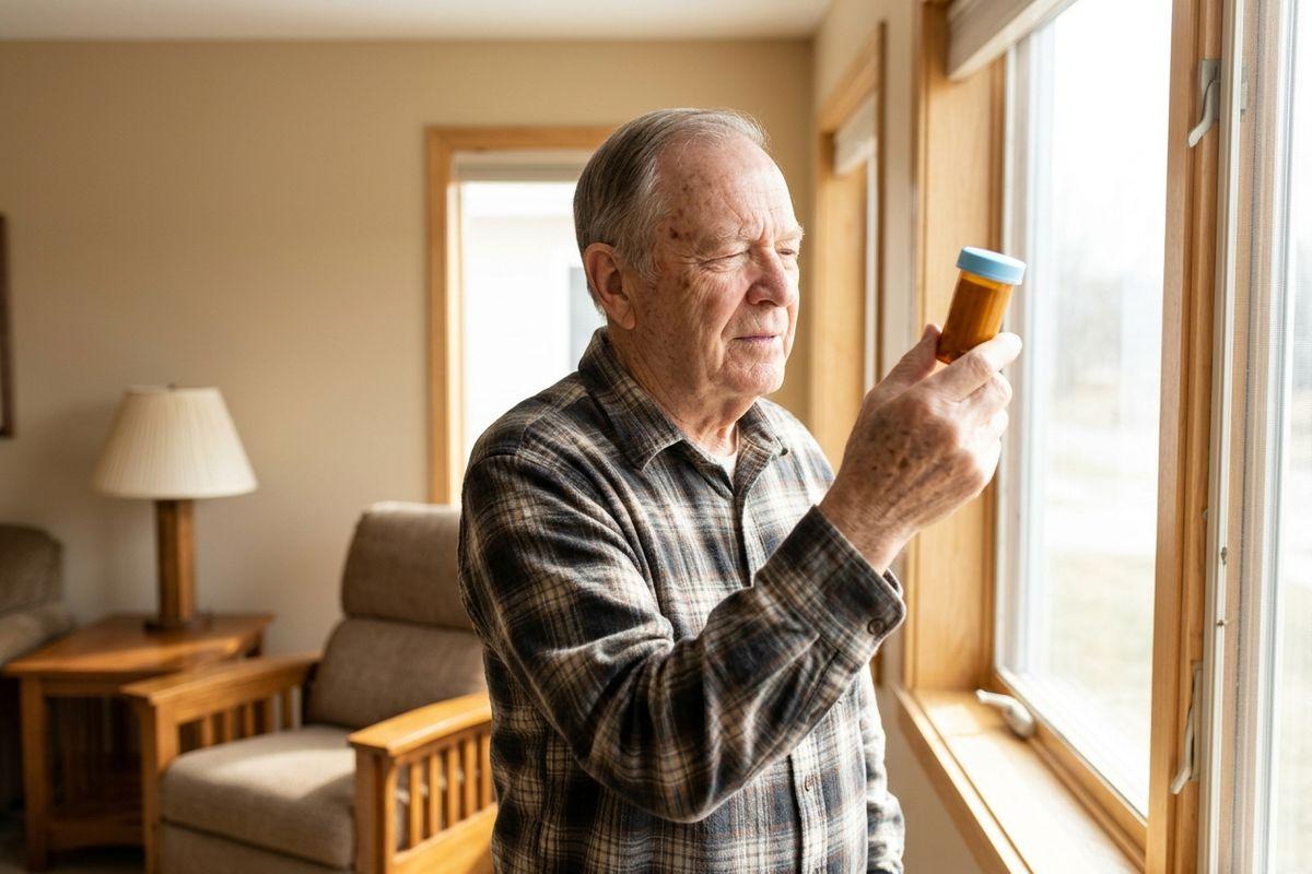 A senior in a plaid shirt holds up a pill bottle near a bright window in a living room, squinting at the label.