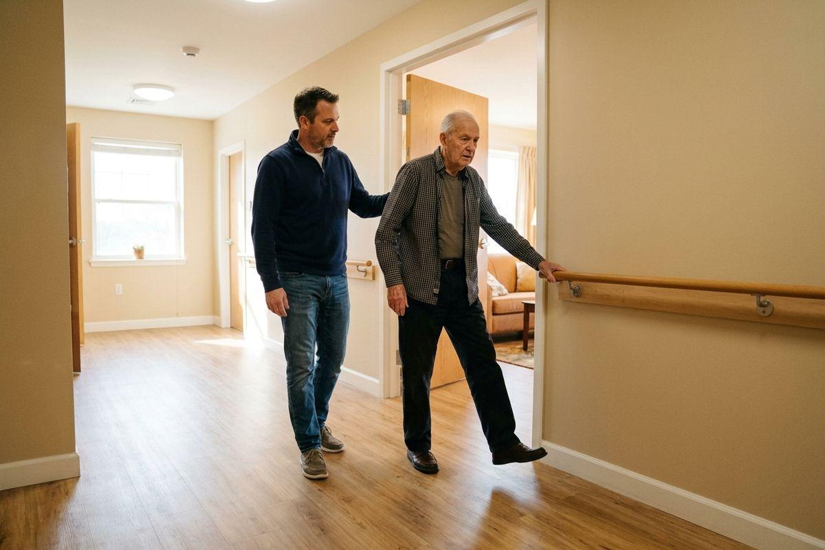 A senior walks along a hallway holding a wall handrail while a younger man supports them from behind with a hand on their back.
