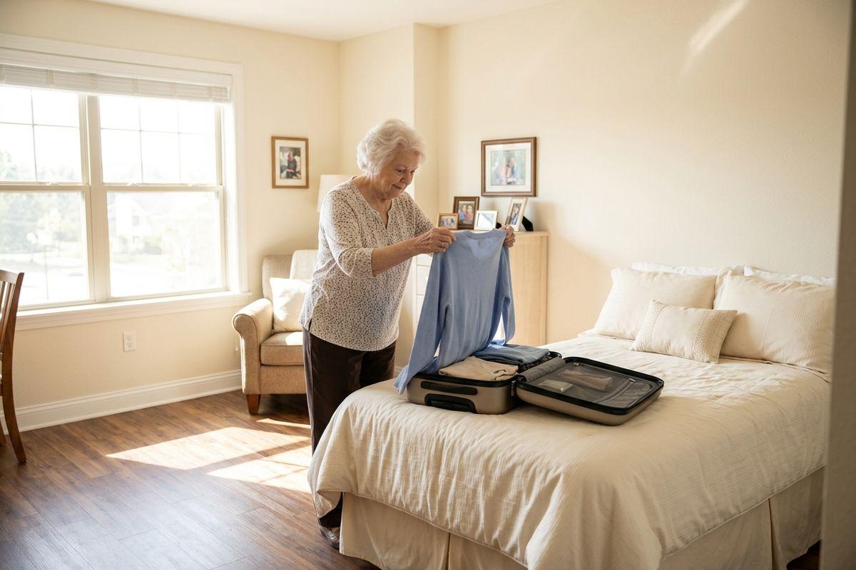 A senior smiles while folding a blue shirt over an open suitcase on a bed in a sunlit bedroom.