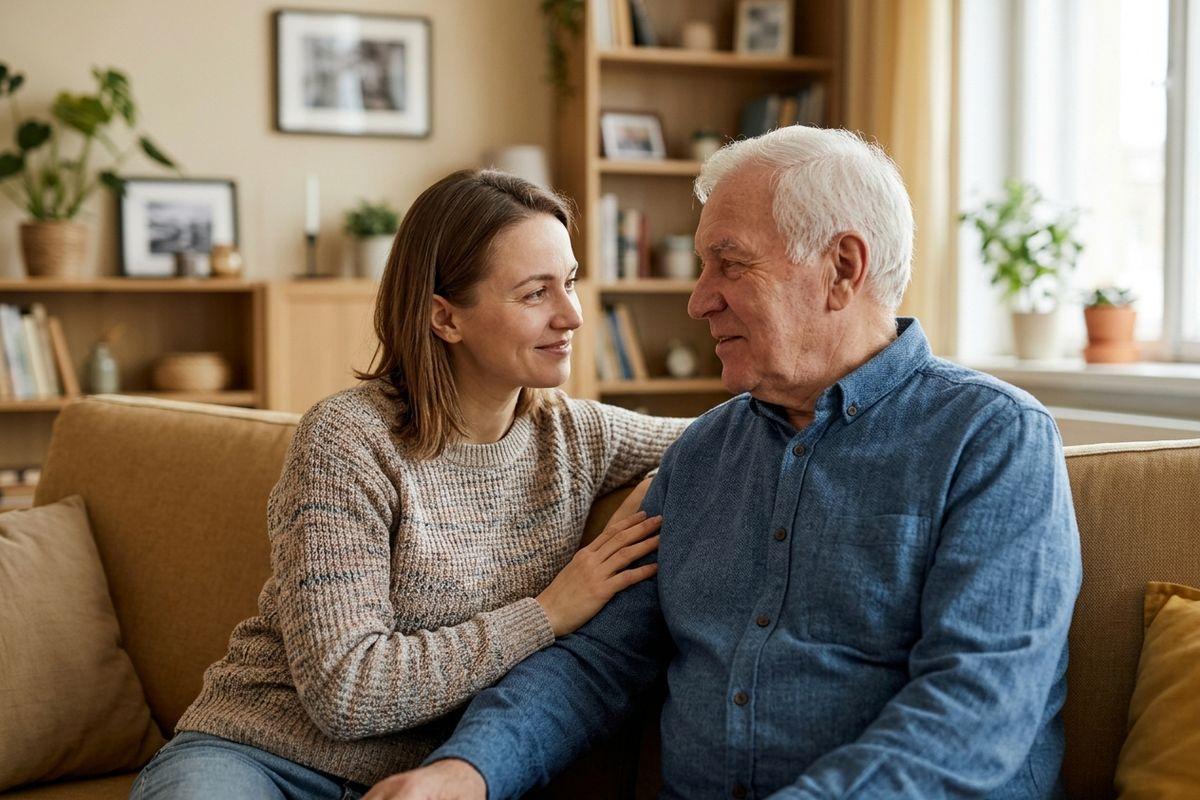 A younger woman sits on a sofa beside a senior, hand on their shoulder and arm, both smiling at each other in the living room.
