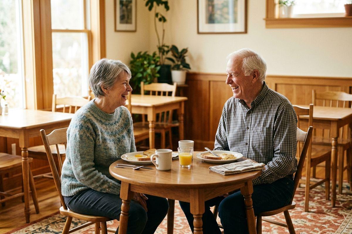 Two seniors laugh together over breakfast at a small round wooden table with toast, eggs, orange juice, and coffee.