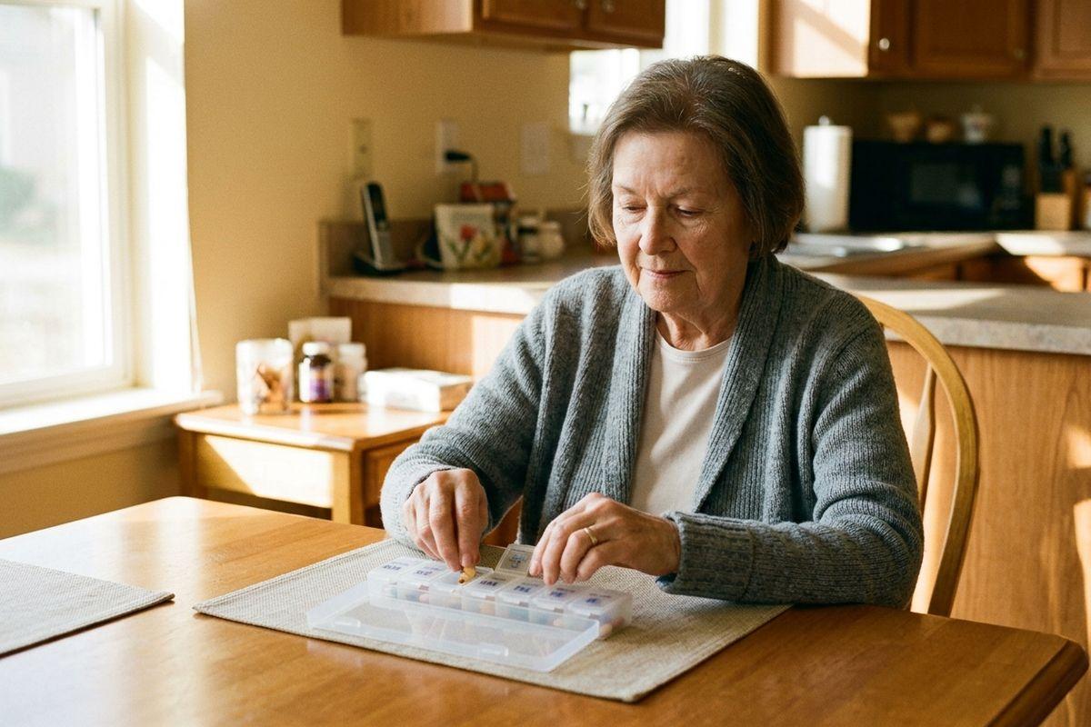 A senior in a grey cardigan sorts pills into a weekly pill organizer at a kitchen table, focused on the task.