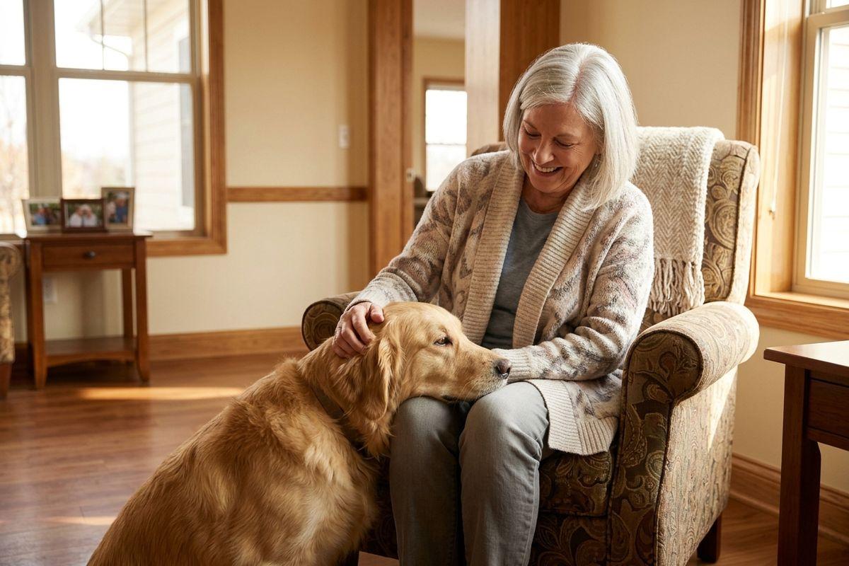 A senior with white hair sits in an armchair at home, smiling while petting a golden retriever resting its head on their lap.