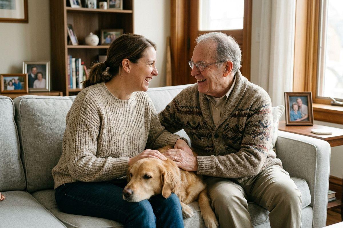 A senior and a younger woman sit smiling at each other on a living room sofa, petting a golden retriever resting across their laps, framed photos nearby.